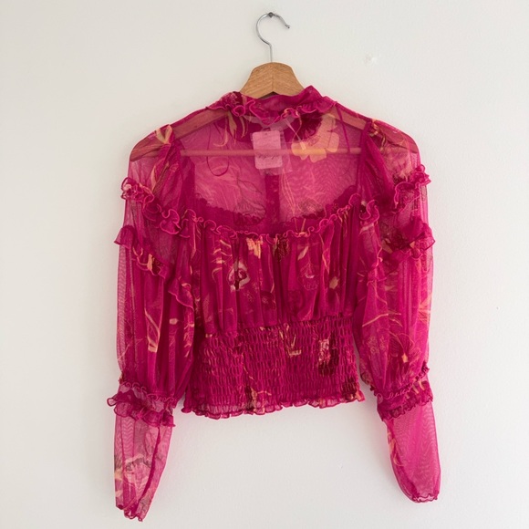 Free People Time For Shine Pink Puff Mesh Smocked long Sleeve Crop Blouse Small - Picture 7 of 7
